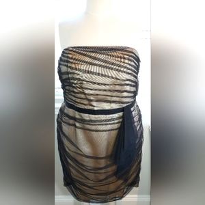 David's Bridal Black with Tan Lining Strapless Tulle Ruched Dress NWT